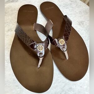 Tory Burch Manon Crocodile Embossed Leather Sandals -Brown